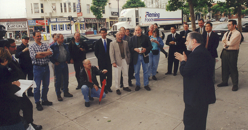  Friends of 1800 press conference at 1800 Market Street including Tom Mayer, Mark Leno, Gary Goad, Tim Kelley, Chris VerPlanckt, Gerry Takano, Rob Bregoff, Alan Martinez, Rink